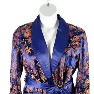Vintage Navy Satin Asian Embroidered Smoking Jacket Robe 44 Longevity China